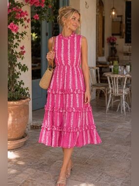 Valencia & Vine Mia Mock Neck Midi Floral Dress Tiered cotton size XS womens